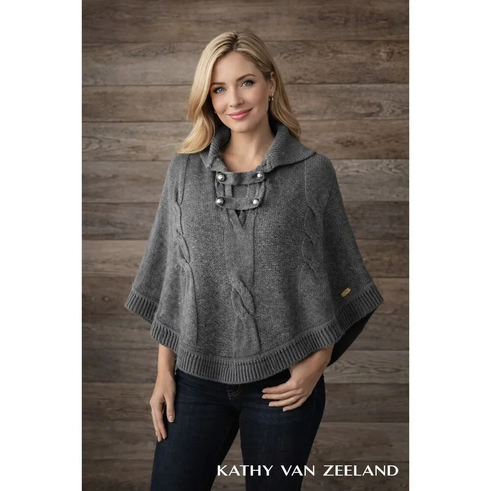 Kathy Van Zeeland Gray Cable Knit Sweater Cape Poncho One Size Cozy Fall Winters